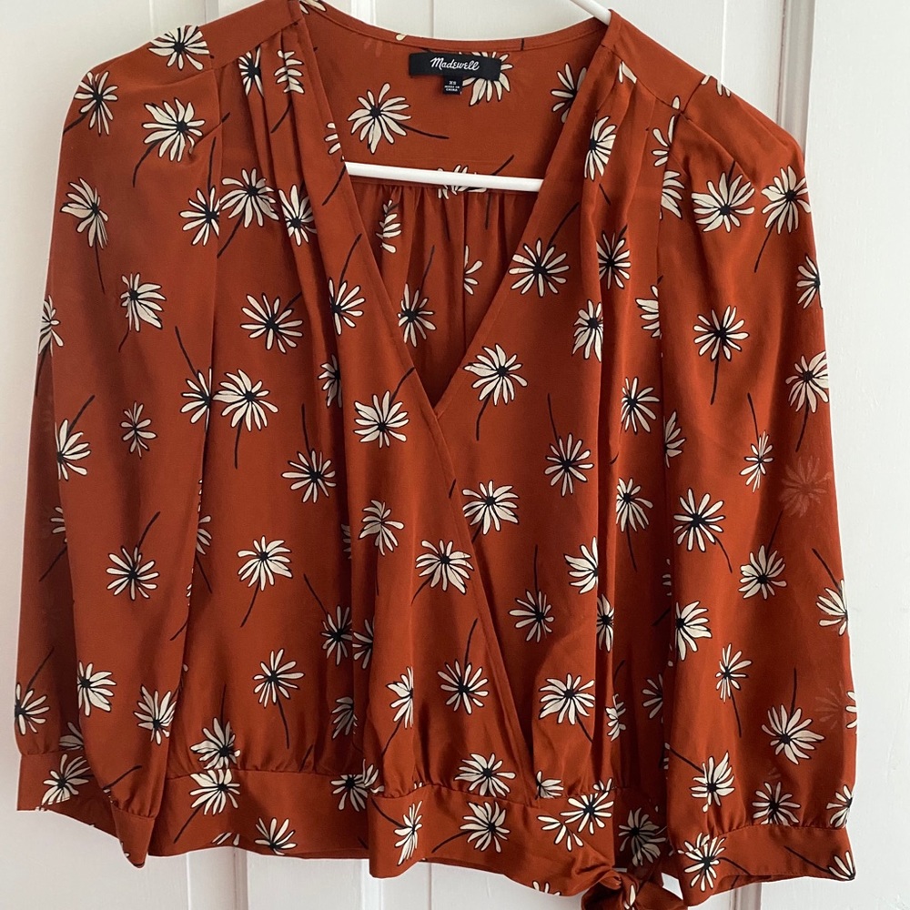 Madewell 100% Silk Burnt Orange Floral Wrap Top